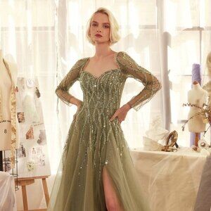 NEW FORMAL LAYERED A-LINE LONG BALL DRESS W/ MID-OPEN BACK & LEG SLIT CD A1367